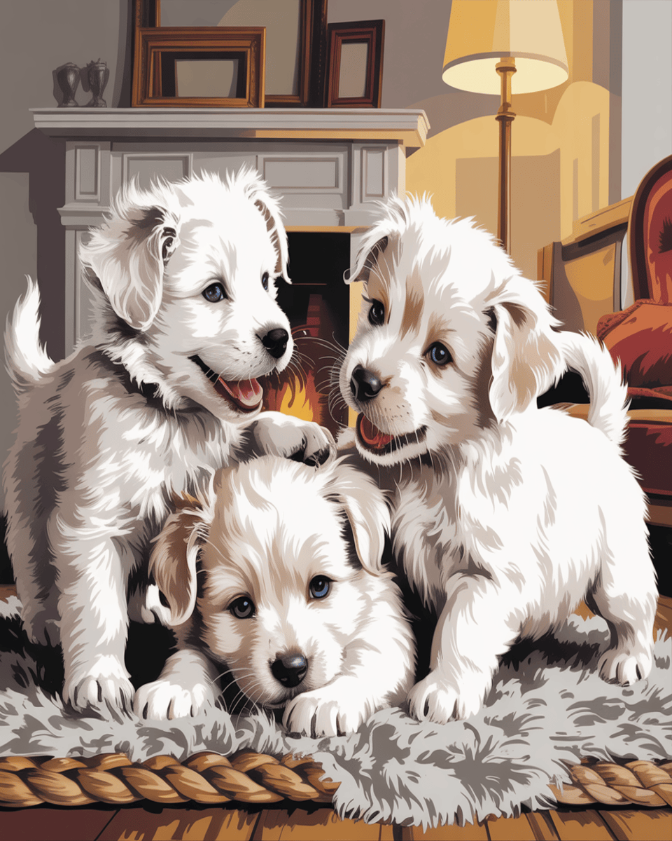 Puppies by Fireplace