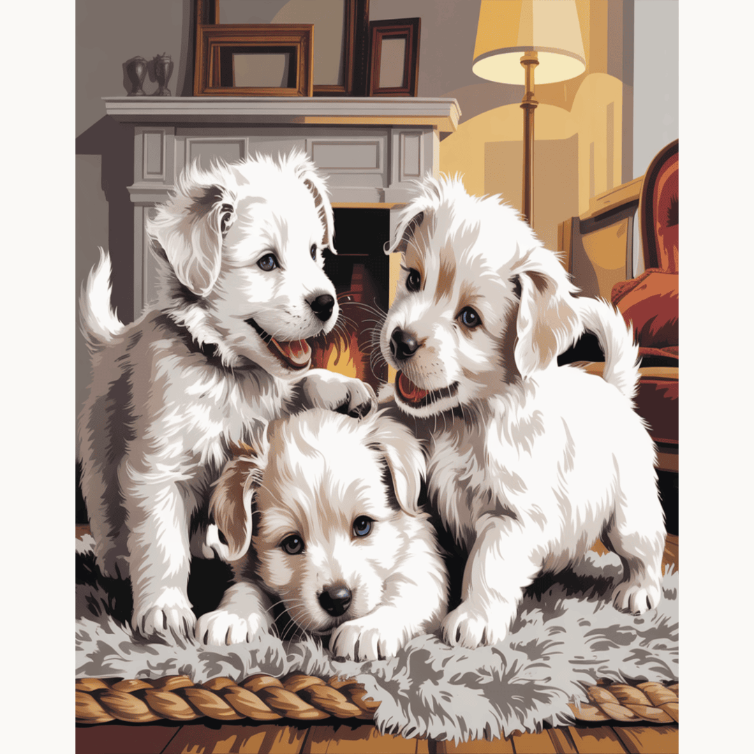 Puppies by Fireplace