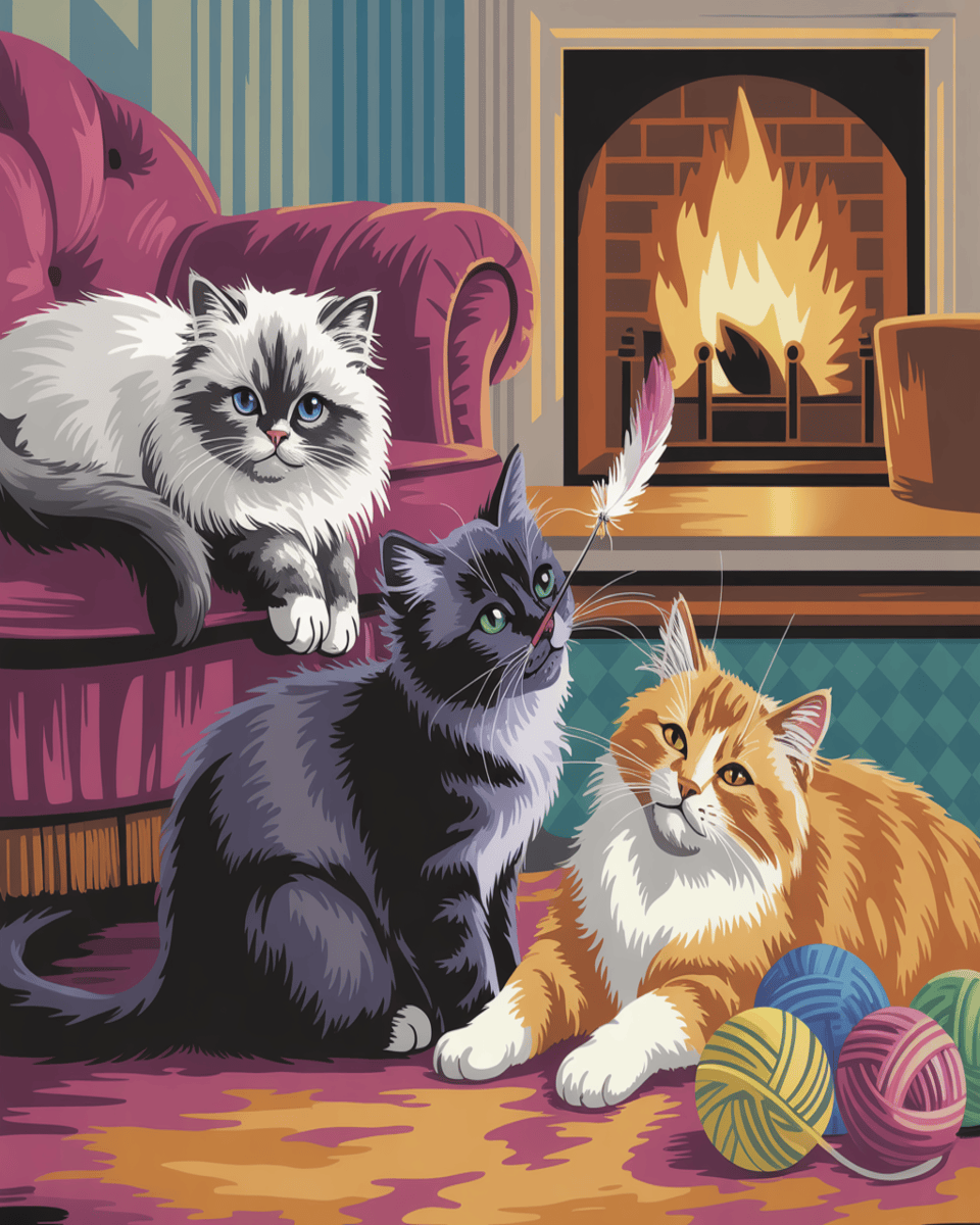 Three Cats by the Fireplace