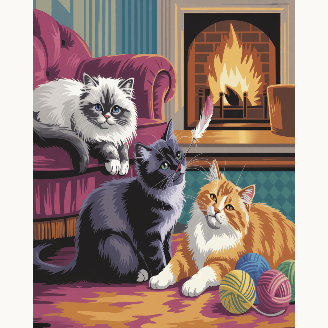 Three Cats by the Fireplace