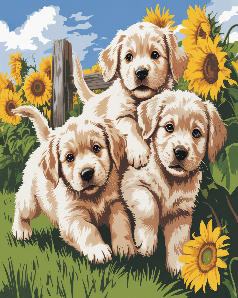 Three Golden Puppies in Sunflowers
