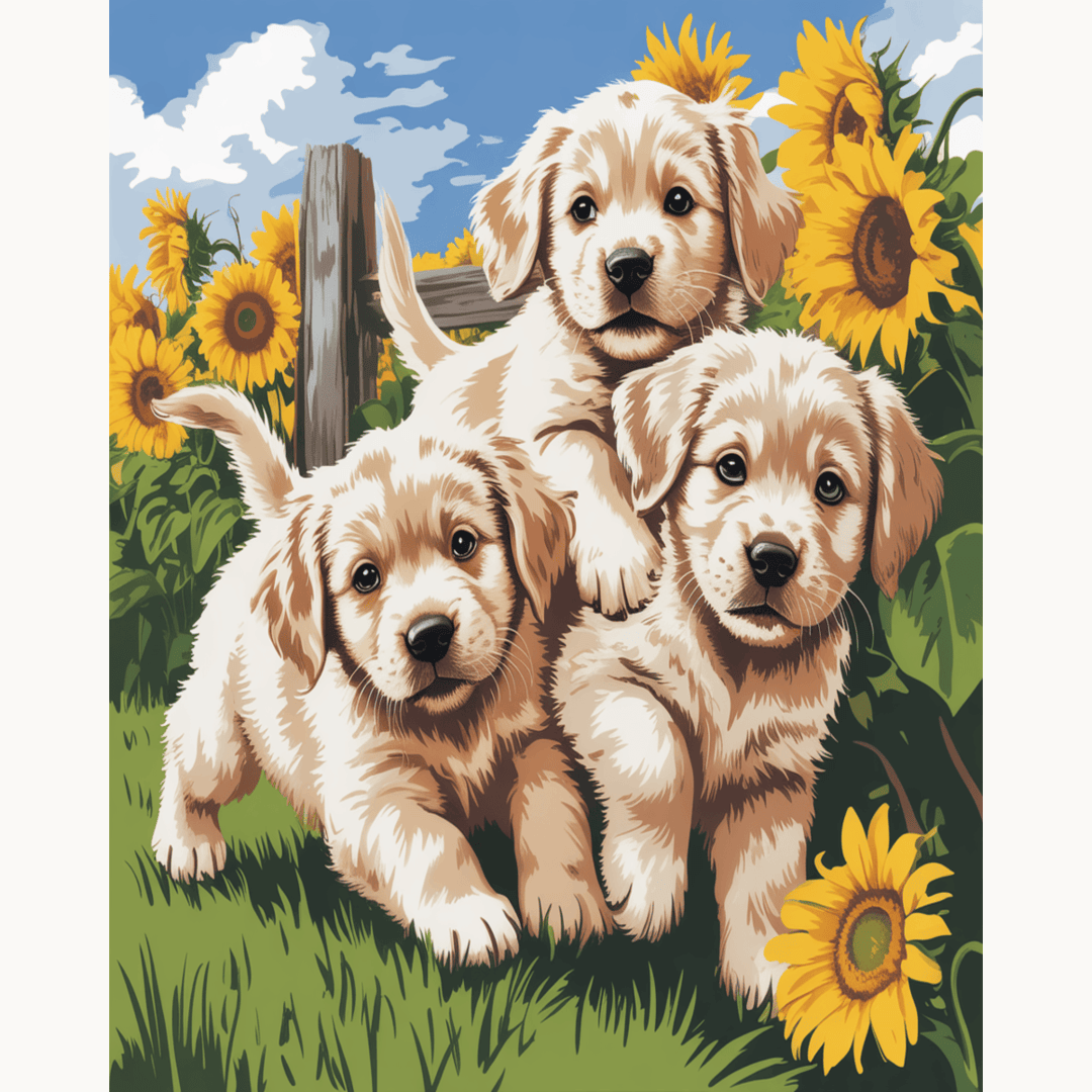 Three Golden Puppies in Sunflowers